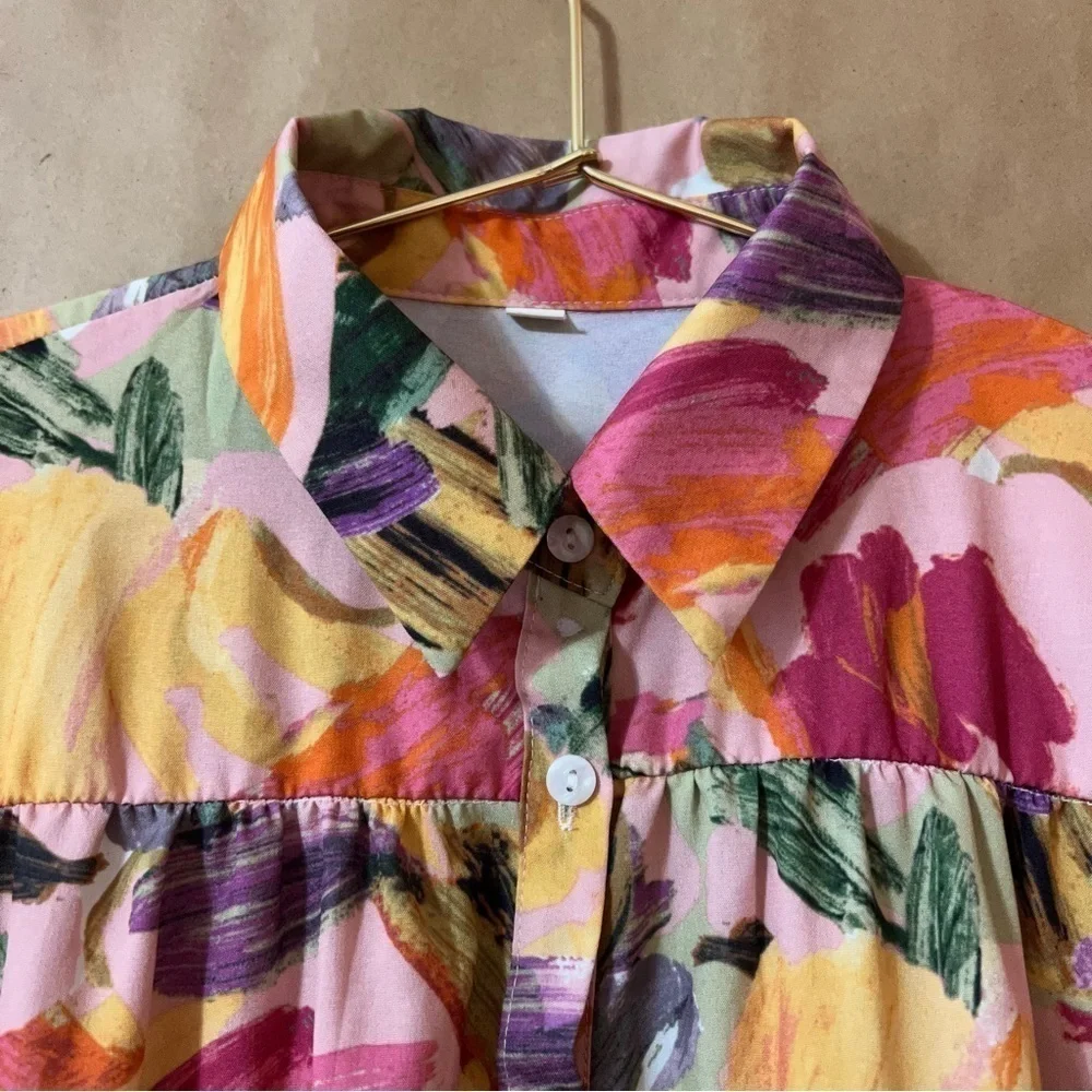 Abstract Watercolor Print Button Front Tiered Popover Mini Shirt Dress Size XS - Picture 5 of 13
